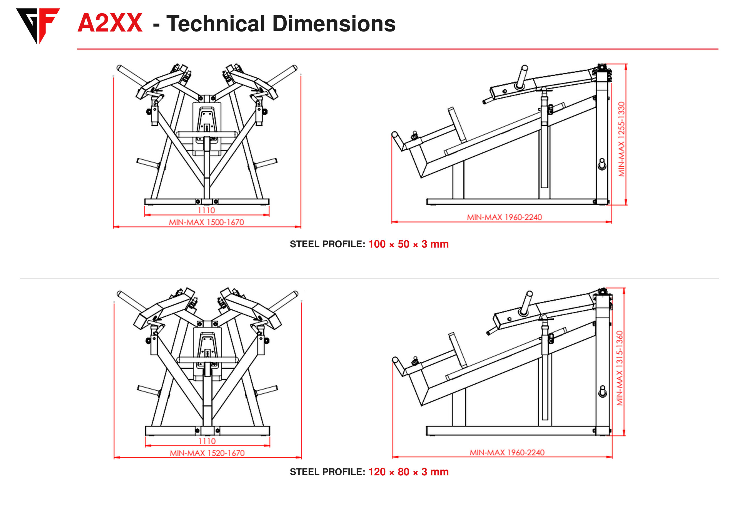 A2XX incline chest press machine technical measurements for both metal profile options