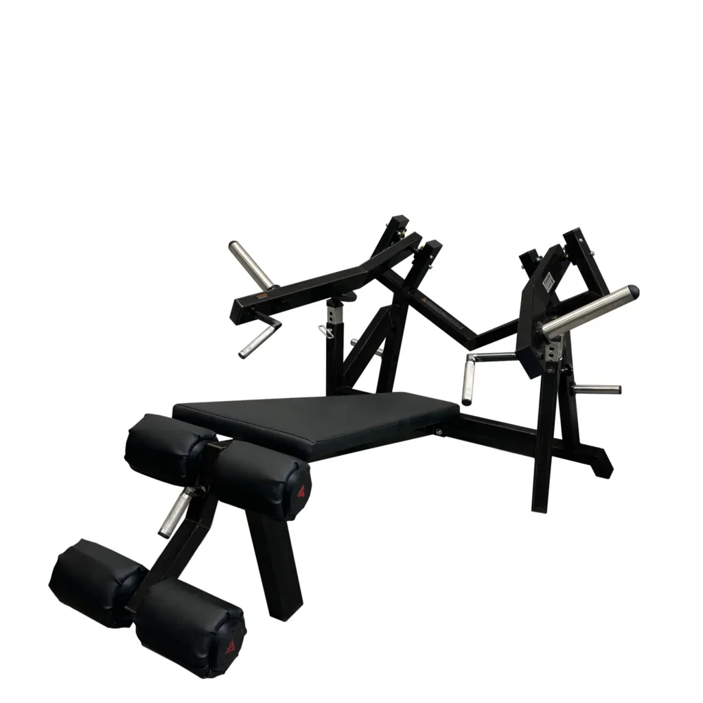 A3X gym machine with a black frame and black leather padding is for chest workouts. This gym equipment is designed for upper body strength training and features ergonomic handles, weight plate storage, and adjustable components to ensure a customized and comfortable workout.