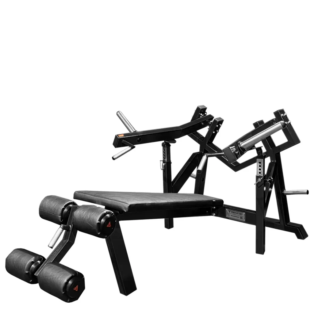 A3X gym machine with a black frame and black leather padding is for chest workouts. This gym equipment is designed for upper body strength training and features ergonomic handles, weight plate storage, and adjustable components to ensure a customized and comfortable workout.