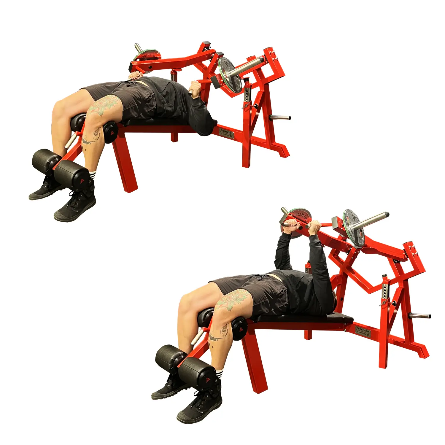 Front view of the A3X gym machine for chest training. It showcases its sturdy yellow steel frame, ergonomic grip handles, and comfortable brown leather seat padding. This strength training equipment is for durability and optimal performance in the gym environment.