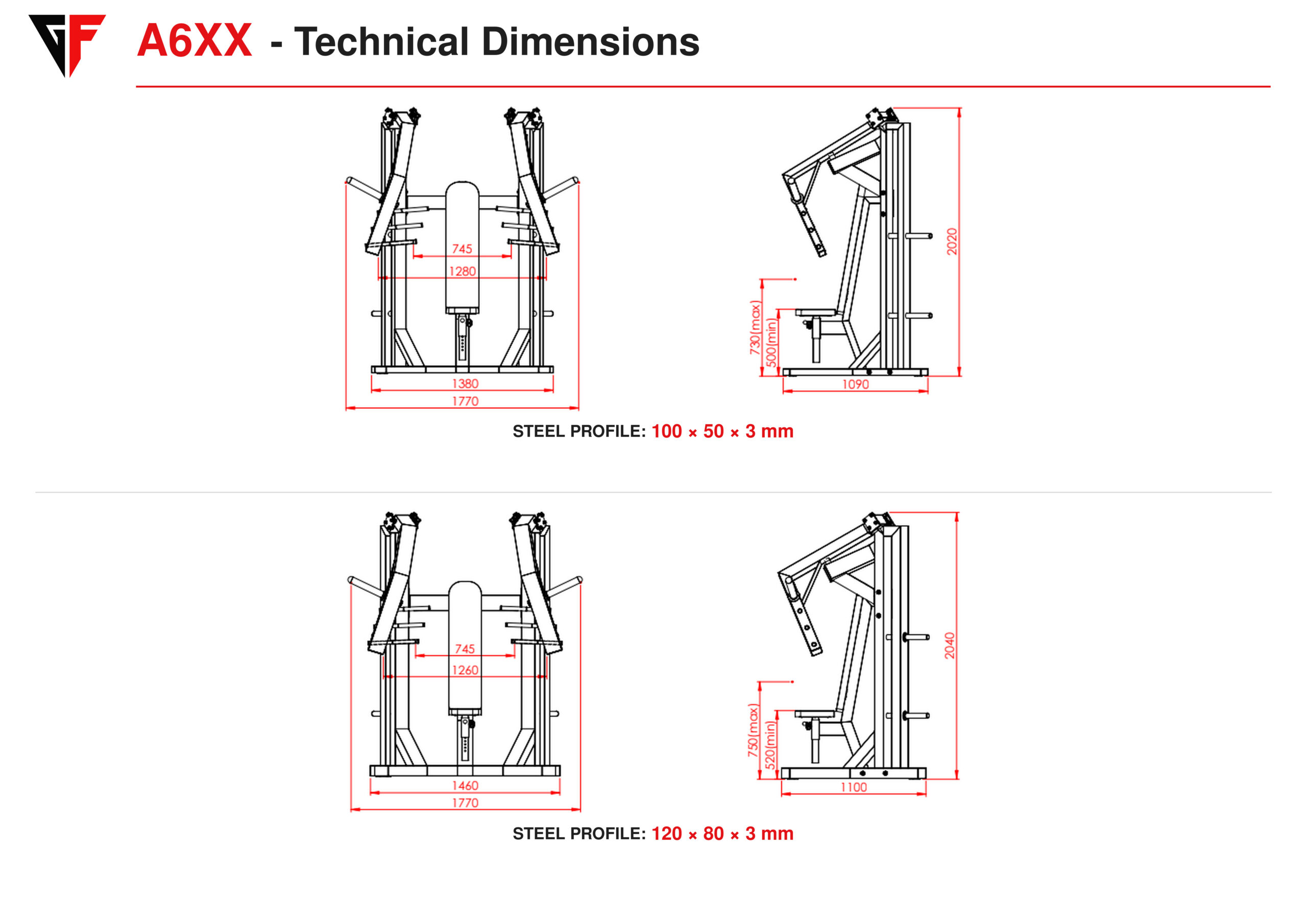 A6XX Sitting Chest Press Machines Technical dimension paper