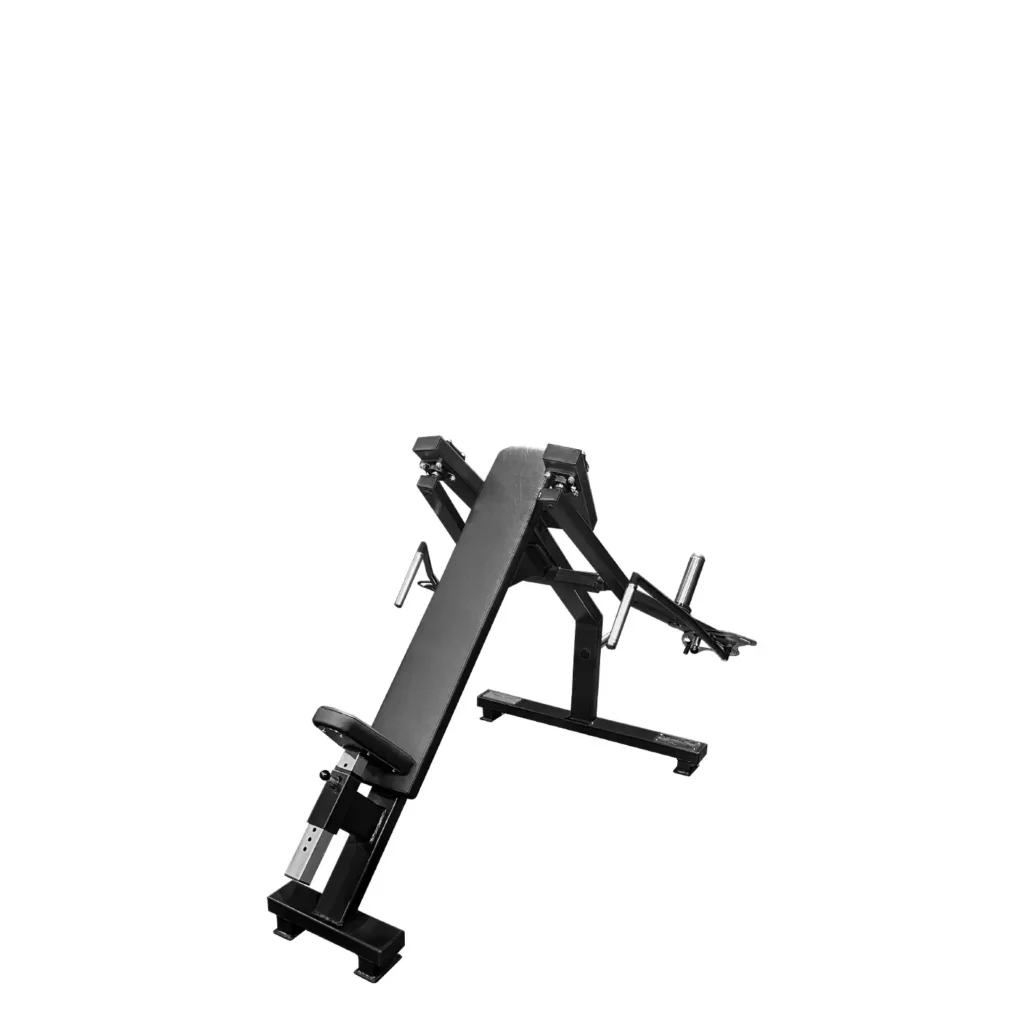 A high-quality A8X gym machine designed for upper body workouts, featuring an angled black padded bench and sturdy steel frame. This gym machine is built for serious strength training, offering ergonomic handles and weight plate holders for easy loading. It is ideal for incline presses and other strength-training exercises.
