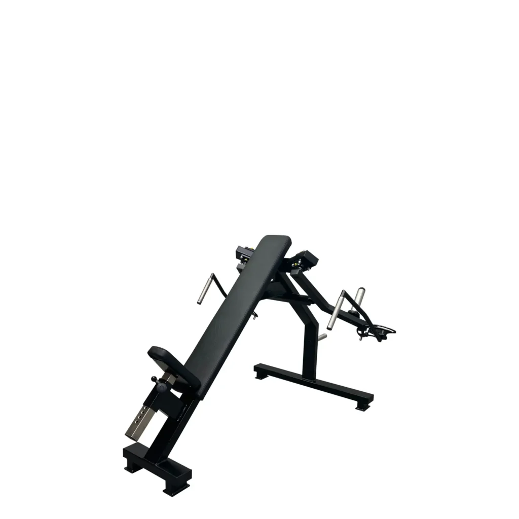 A high-quality A8X gym machine designed for upper body workouts, featuring an angled black padded bench and sturdy steel frame. This gym machine is built for serious strength training, offering ergonomic handles and weight plate holders for easy loading. It is ideal for incline presses and other strength-training exercises.