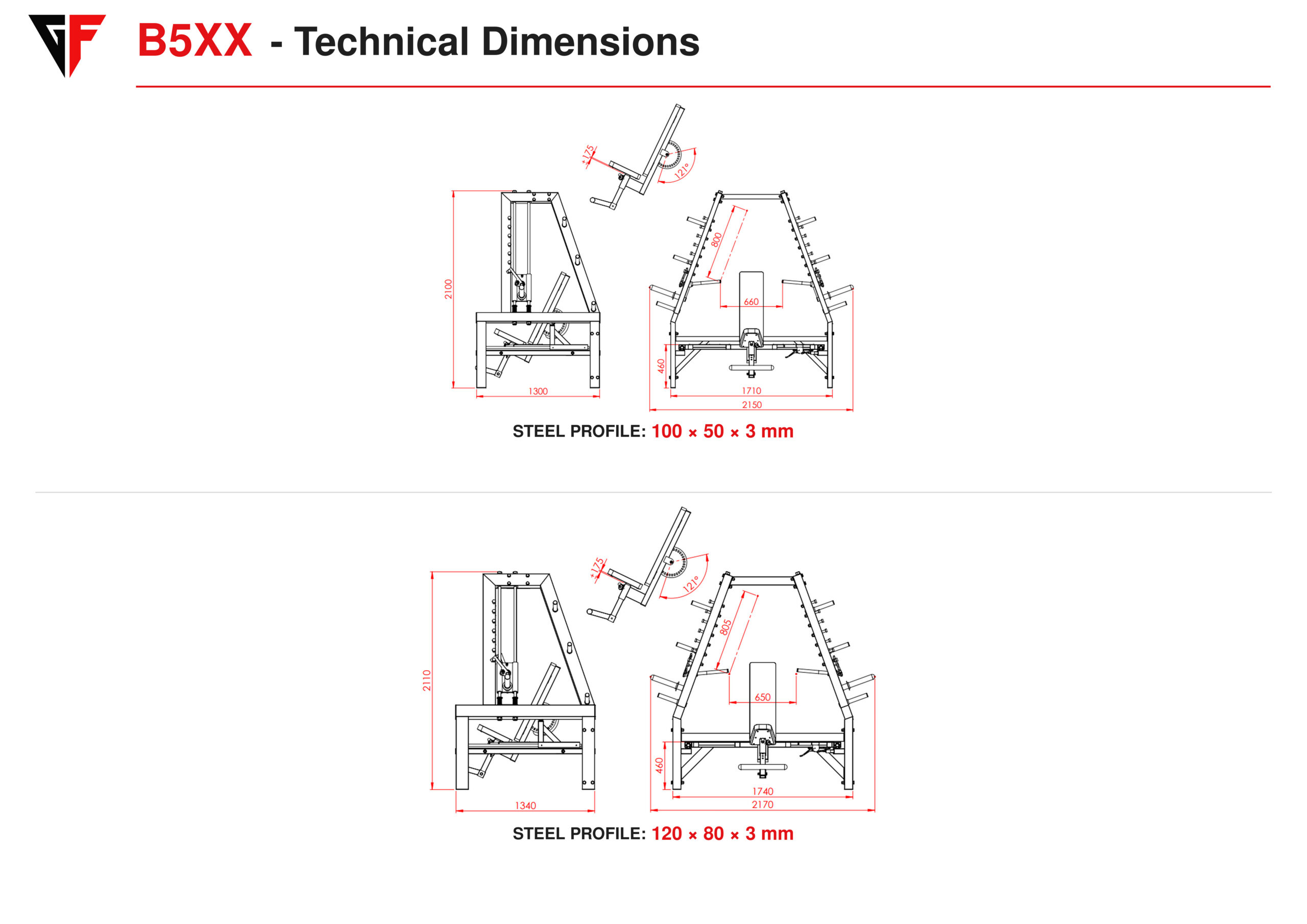 B5XX shoulder and chest press machine technical dimensions drawing showing the equipment from multiple angles with overall measurements and steel profile specifications