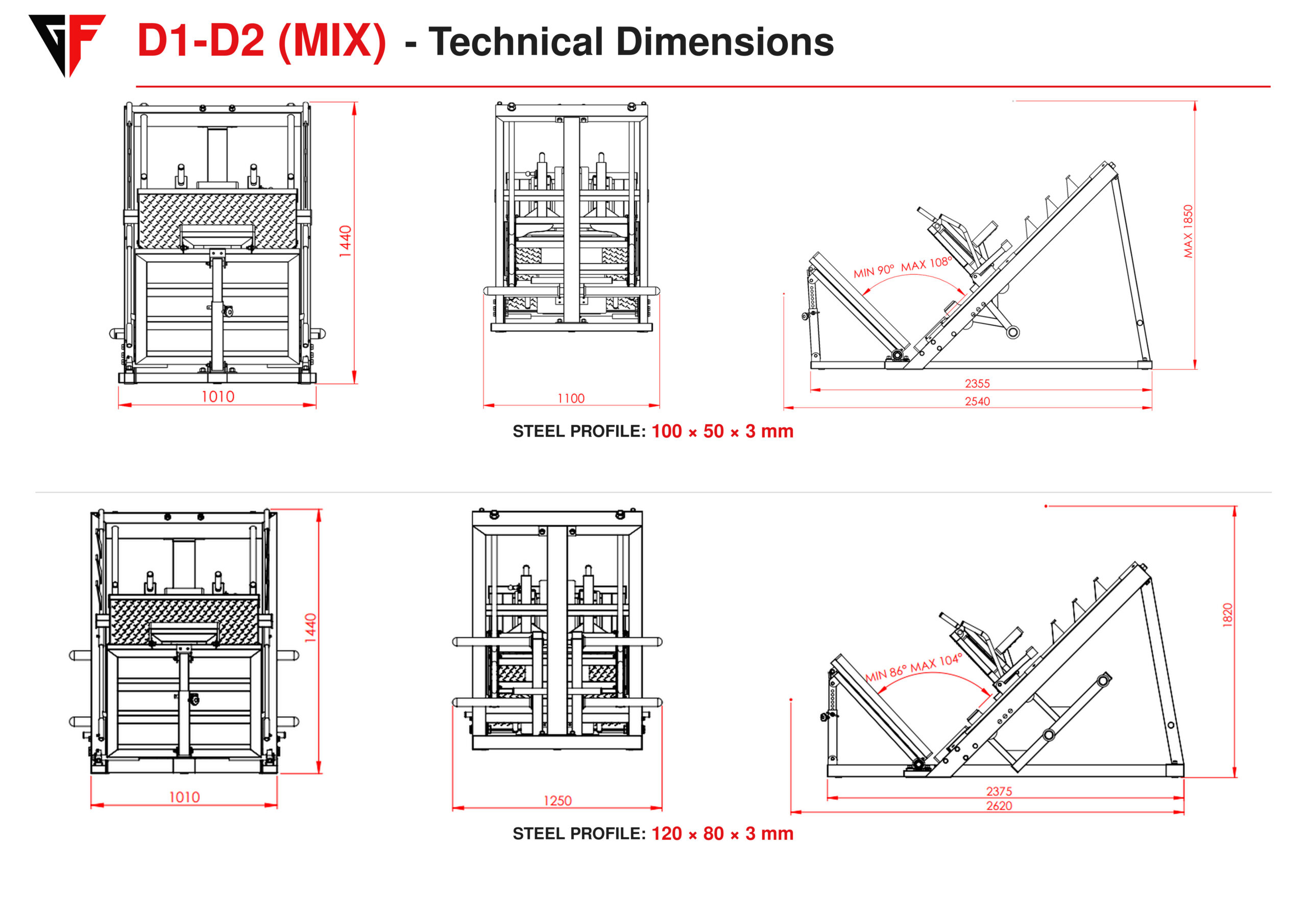 Front and side technical dimension drawings of the D1-D2 Mix Hack Squat and Leg press machine two in one for 100 × 50 × 3 mm and 120 × 80 × 3 mm steel profiles