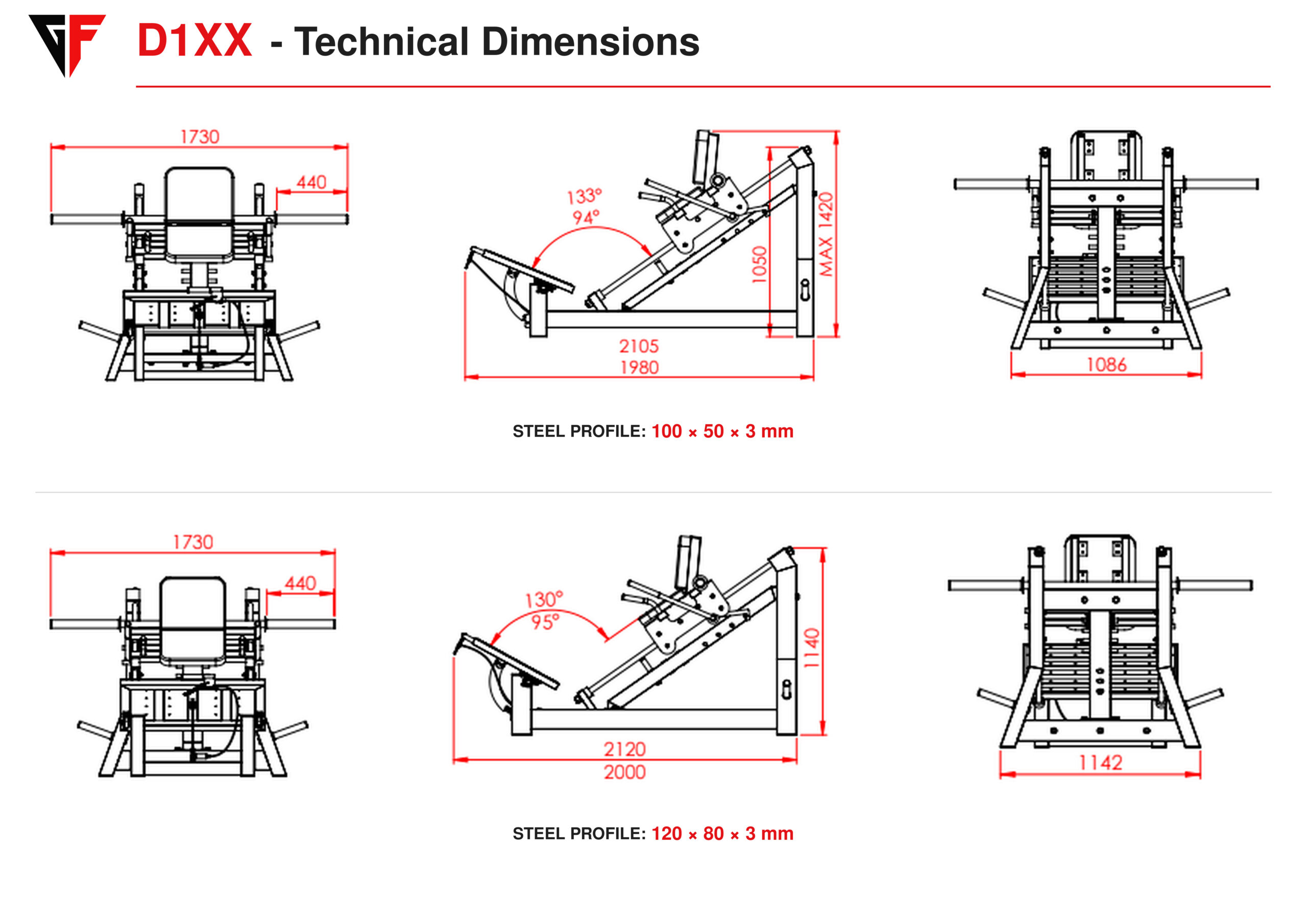 Front and side technical dimension drawings of the D1xX Hack Squat machine for 100 × 50 × 3 mm and 120 × 80 × 3 mm steel profiles