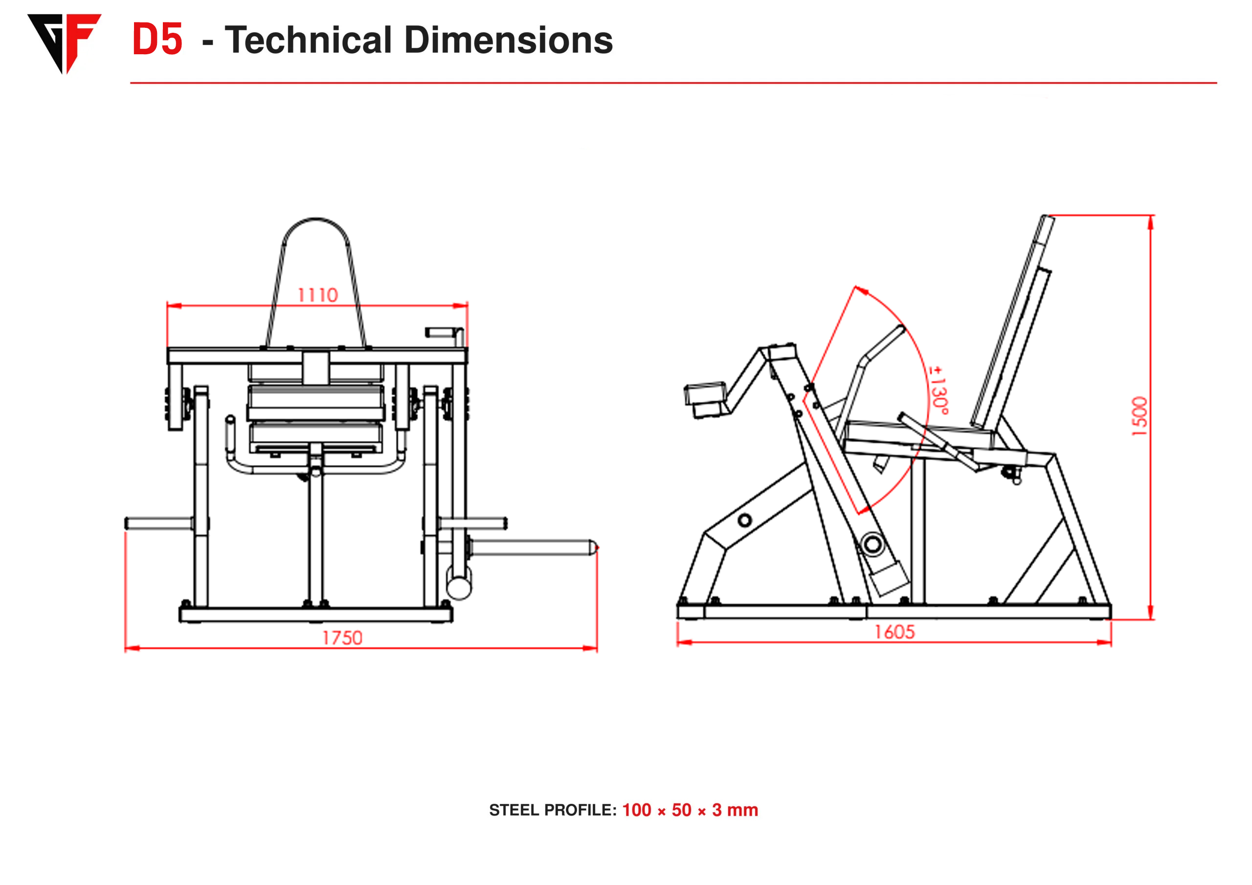 Technical dimensions drawing of the D4 horizontal leg press machine of steel profiles for 120x80x3 and 100x50x3 metal