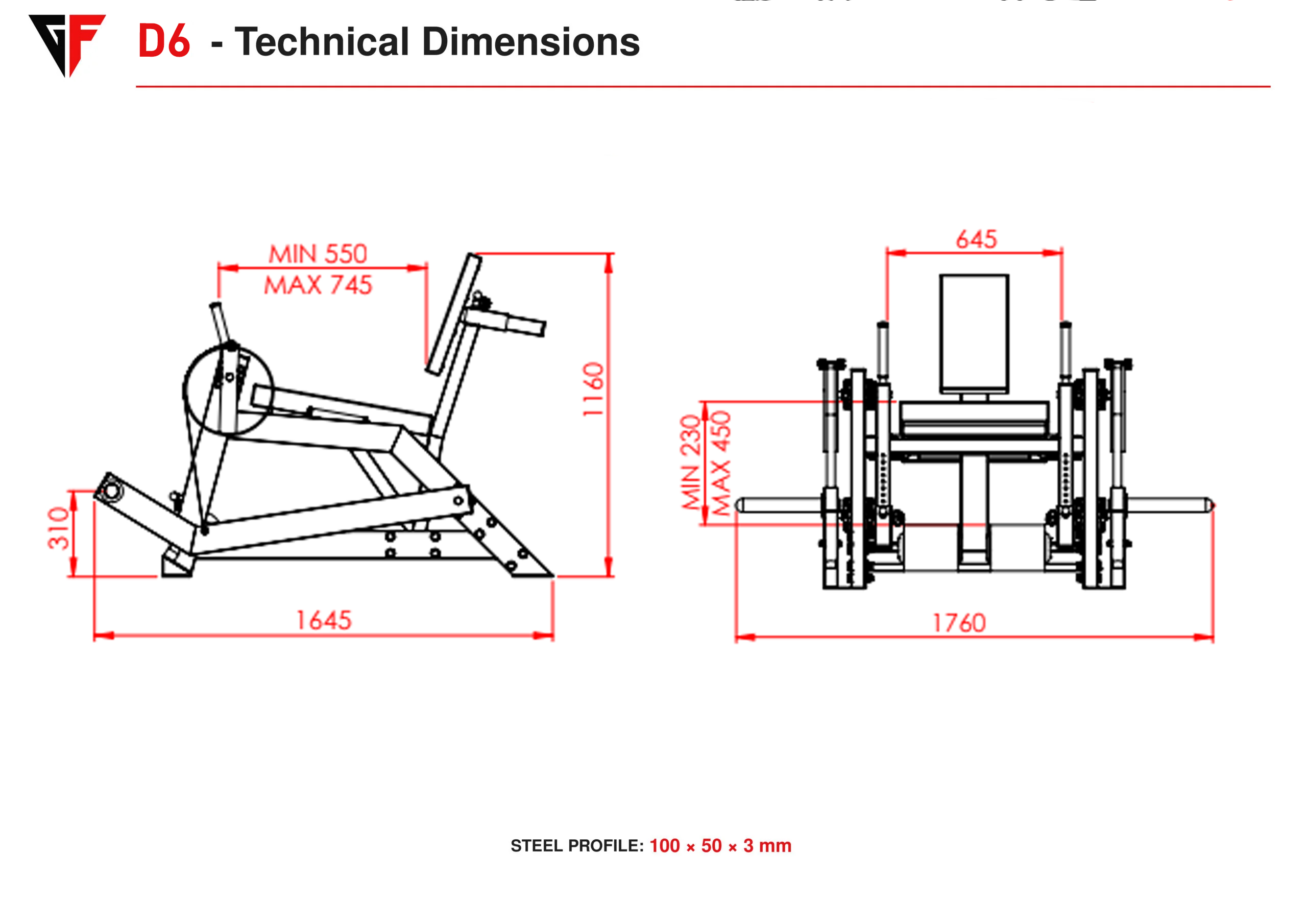 Technical dimensions drawing of the D6 of steel profiles for 100x50x3 metal