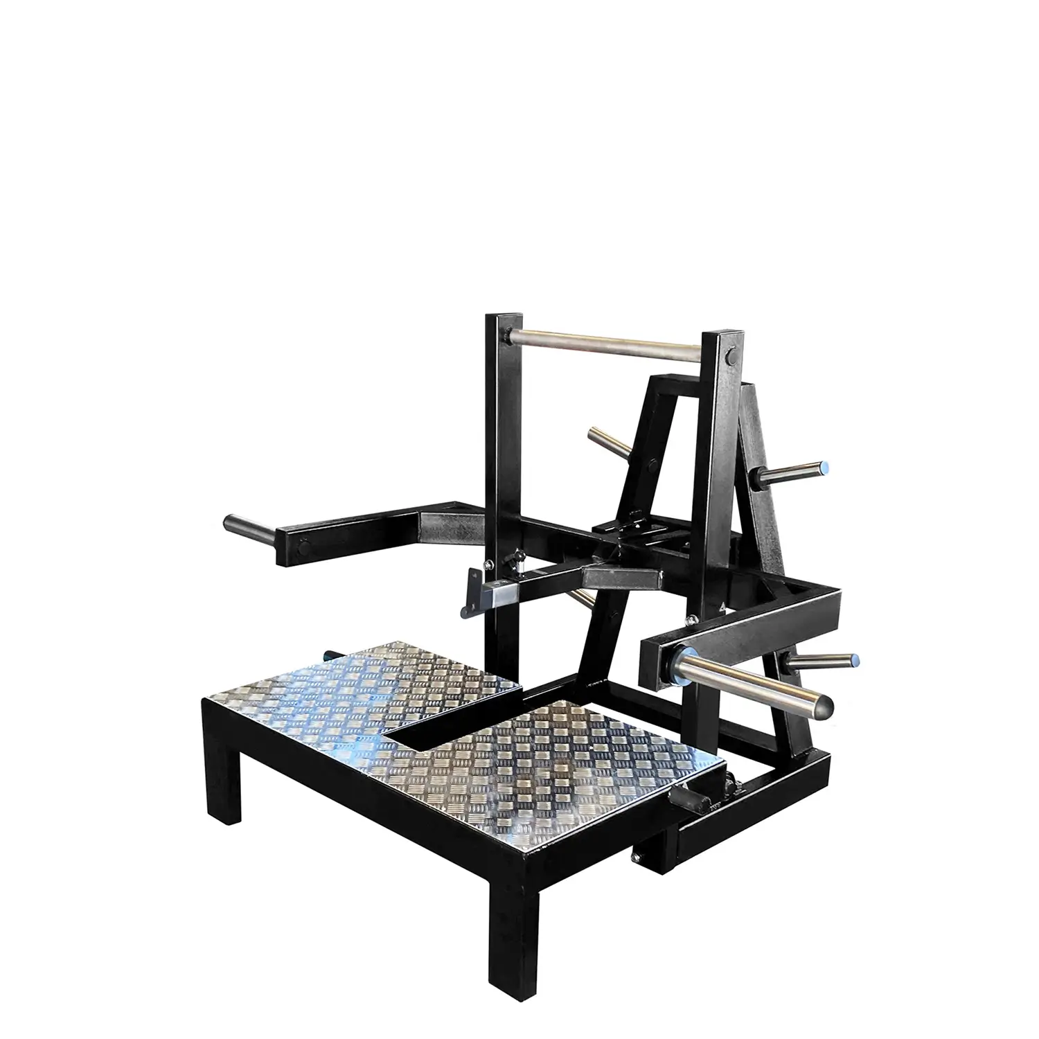Front view of a gym machine designed for strength-training exercises, featuring a sturdy black frame, multiple grip handles, and a textured steel foot platform. This machine is ideal for targeting lower-body muscles with guided movements.