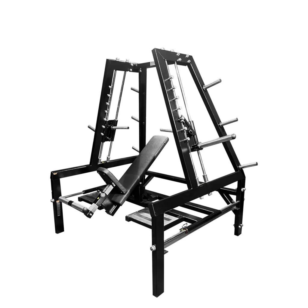 Full view of the B5XX gym machine, featuring an ergonomic incline bench, weight plate storage, and precision barbell guides. This strength-training gym machine is perfect for controlled presses, squats, and lower-body workouts.