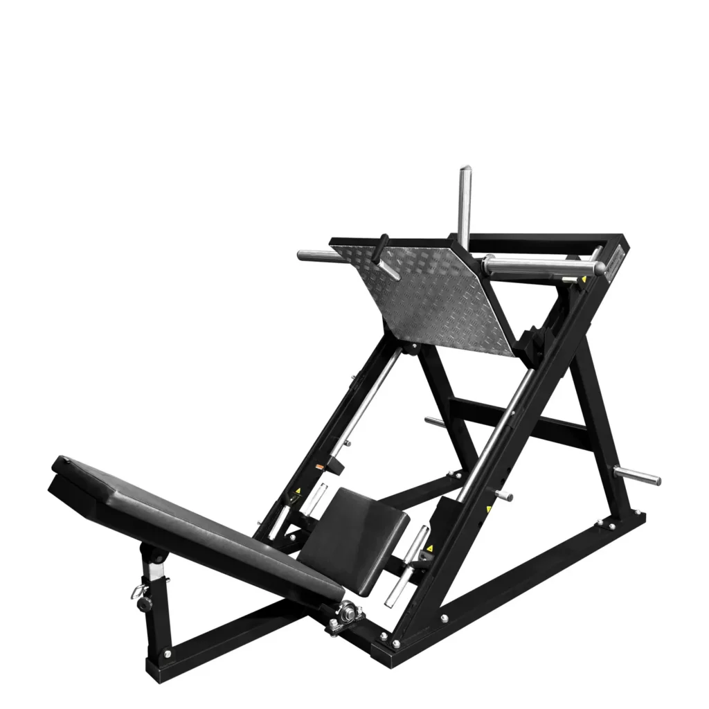 A strength-training gym machine used for reverse hack squats, targeting the glutes, hamstrings, and quadriceps. The robust construction and smooth gliding mechanism ensure a safe and effective workout.