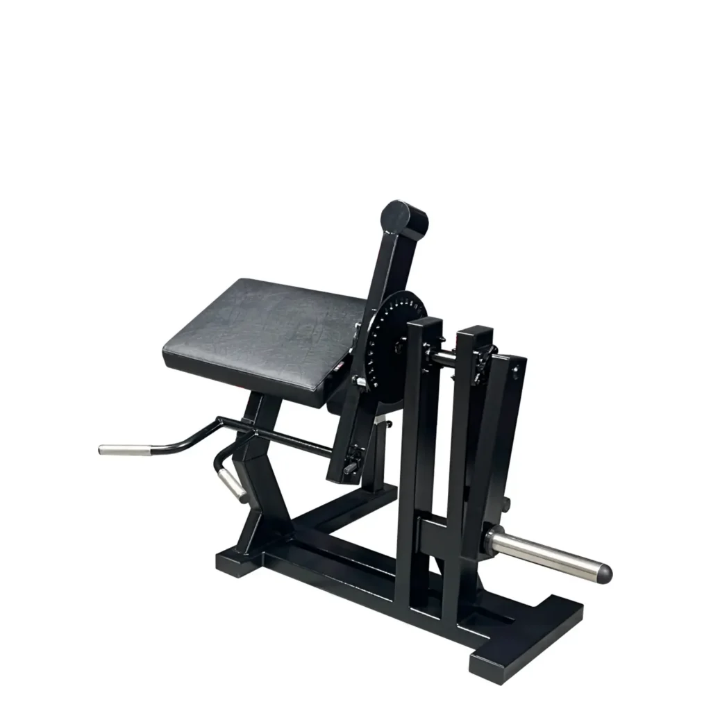 A detailed side view of a preacher curl gym machine showcasing the heavy-duty frame and precision-engineered arm lever. This equipment ensures a smooth curling motion with adjustable resistance for strength-training exercises. The padded seat and armrest enhance stability, promoting safe and effective bicep workouts.