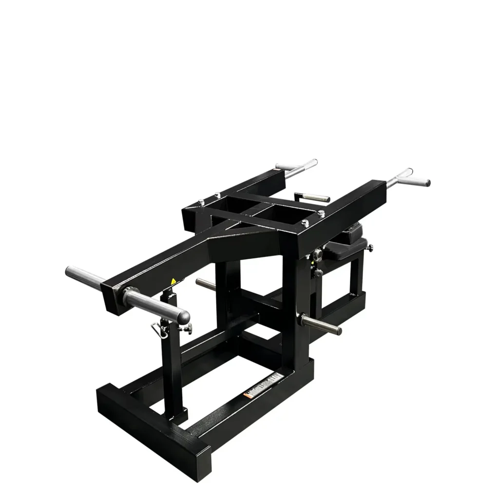 A heavy-duty gym machine designed for triceps and upper body strength training. The sturdy black steel frame features multiple grip positions with knurled stainless-steel handles. The adjustable padded seat and weight plate holders allow customizable resistance, making this an ideal gym machine for building arm strength.