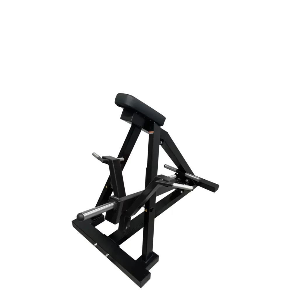 A side perspective of the T-Bar Row showcases its adjustable weight-loading mechanism and reinforced steel frame. This gym machine has a pivoting barbell design that allows for a natural range of motion, ensuring an effective workout for the upper and lower back muscles.