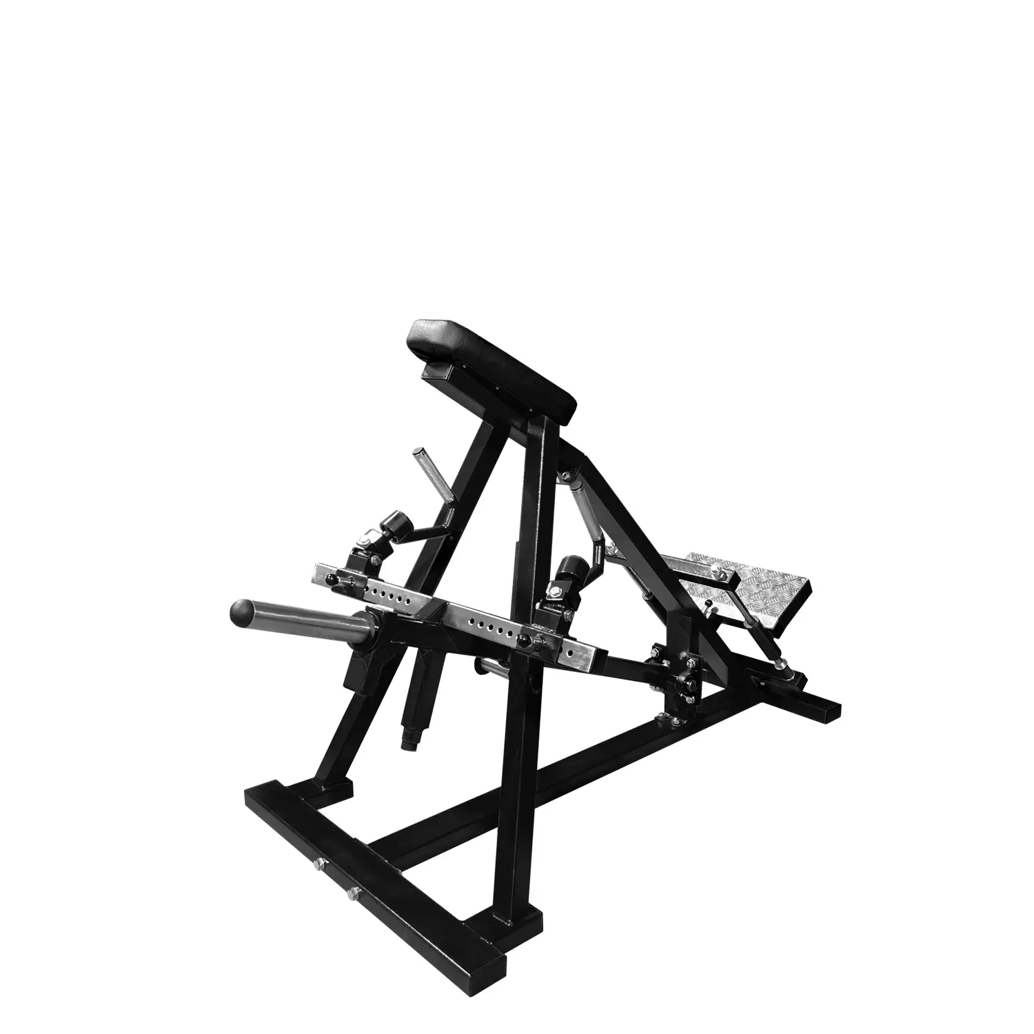 A front-facing view of the black T-Bar Row gym machine showcases its angled frame, adjustable handle positions, and weight-loading system. The ergonomic design makes this gym machine perfect for strengthening the back, traps, and lats.