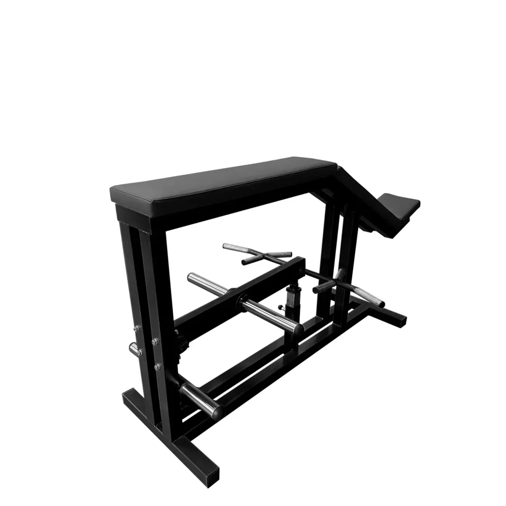 A side-angle shot of the L5X gym machine, showing its durable steel frame, adjustable incline padding, and integrated handle grips for a versatile weight training experience.