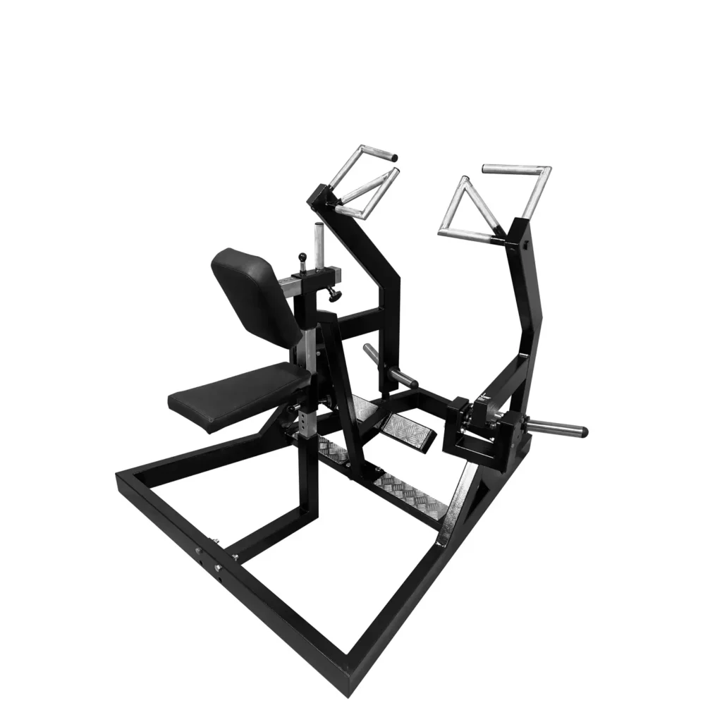 A side-angle perspective of the gym machine highlights its solid steel frame, ergonomic seating, and foot platforms for stability. The compact design makes it a valuable addition to any strength training setup.