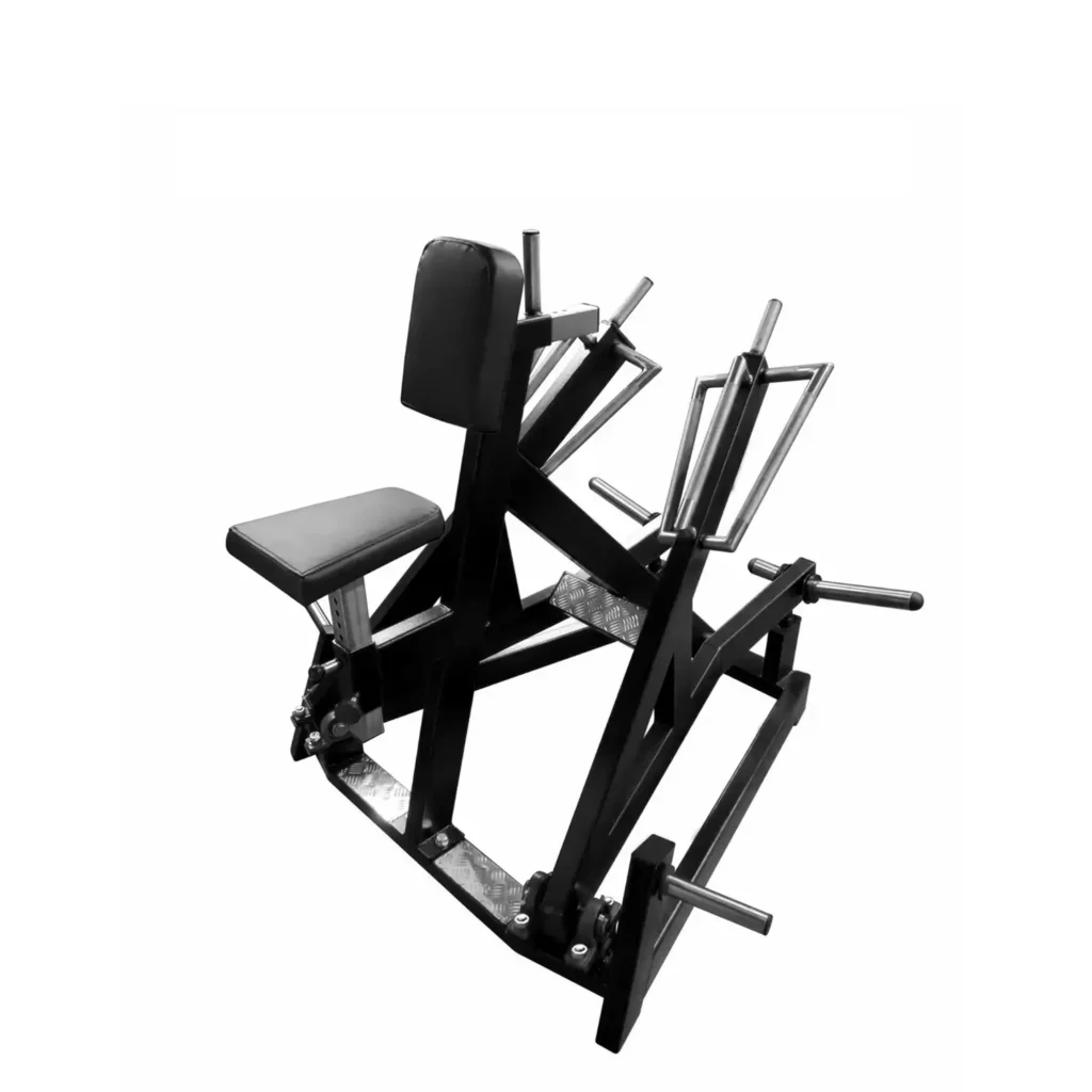 A high-resolution front view of a professional-grade gym machine constructed with reinforced steel for longevity. The machine features multiple hand positions, an adjustable padded seat, and footplates for enhanced stability. Its vibrant red and black color scheme adds a bold look, making it a standout piece in any gym environment.