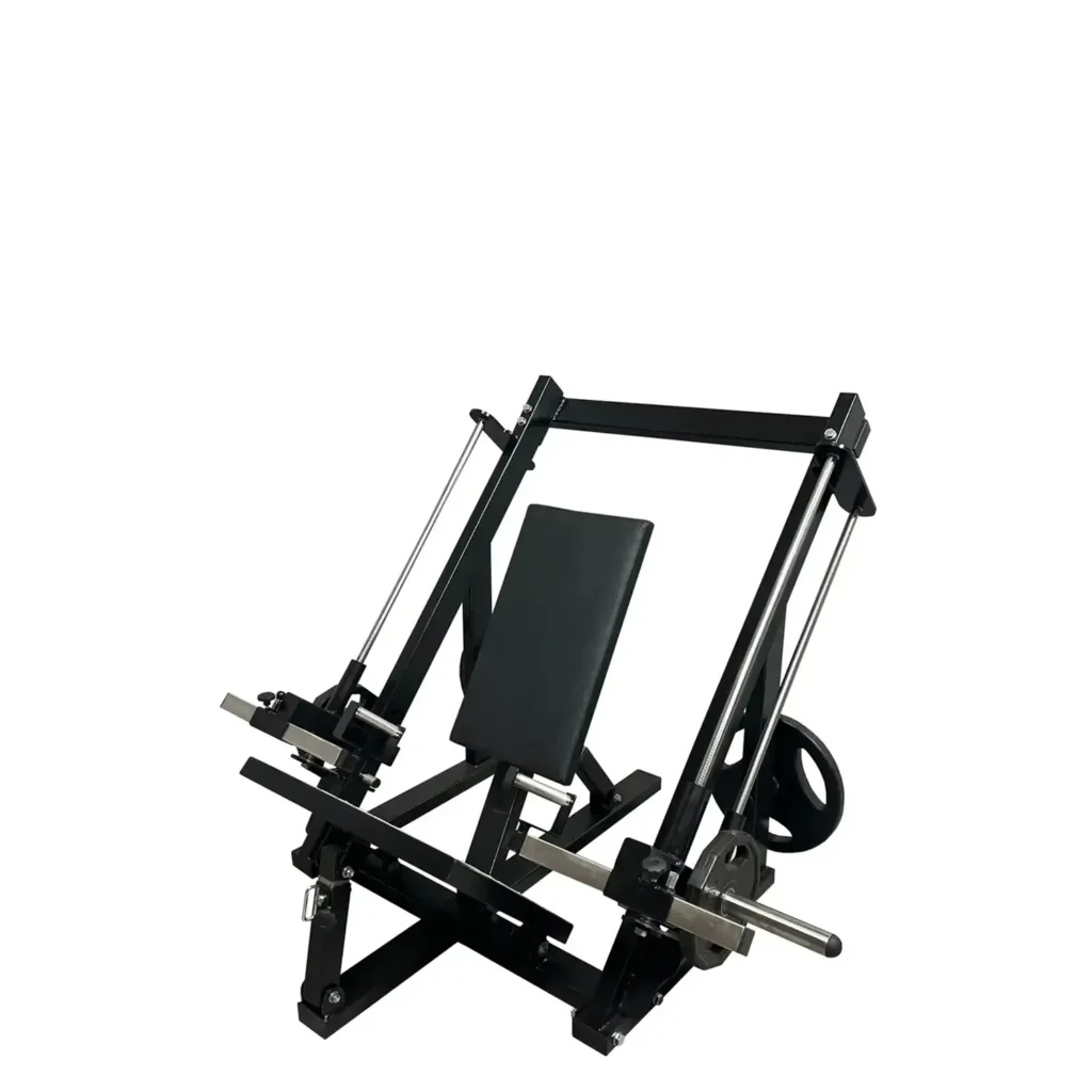 A side-angle view of the seated calf raises gym machine, highlighting its sturdy frame, padded seat, and ergonomic design. The dual chrome guide rails provide smooth movement, while the plate-loaded resistance system allows for adjustable weight increments. Perfect for gym-goers looking to build calves with control and training.