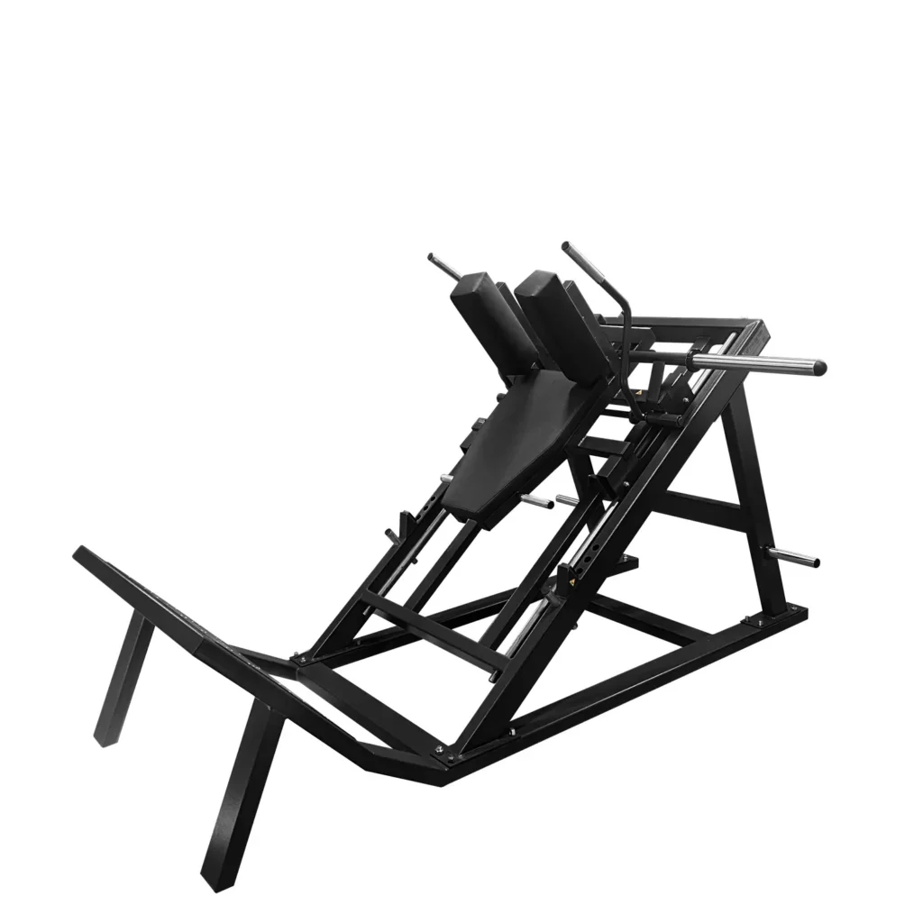 A versatile leg press and hack squat gym machine with a sturdy steel frame padded back support, and multiple weight plate holders. The angled design provides a natural movement path for lower body training, making it ideal for strength workouts.