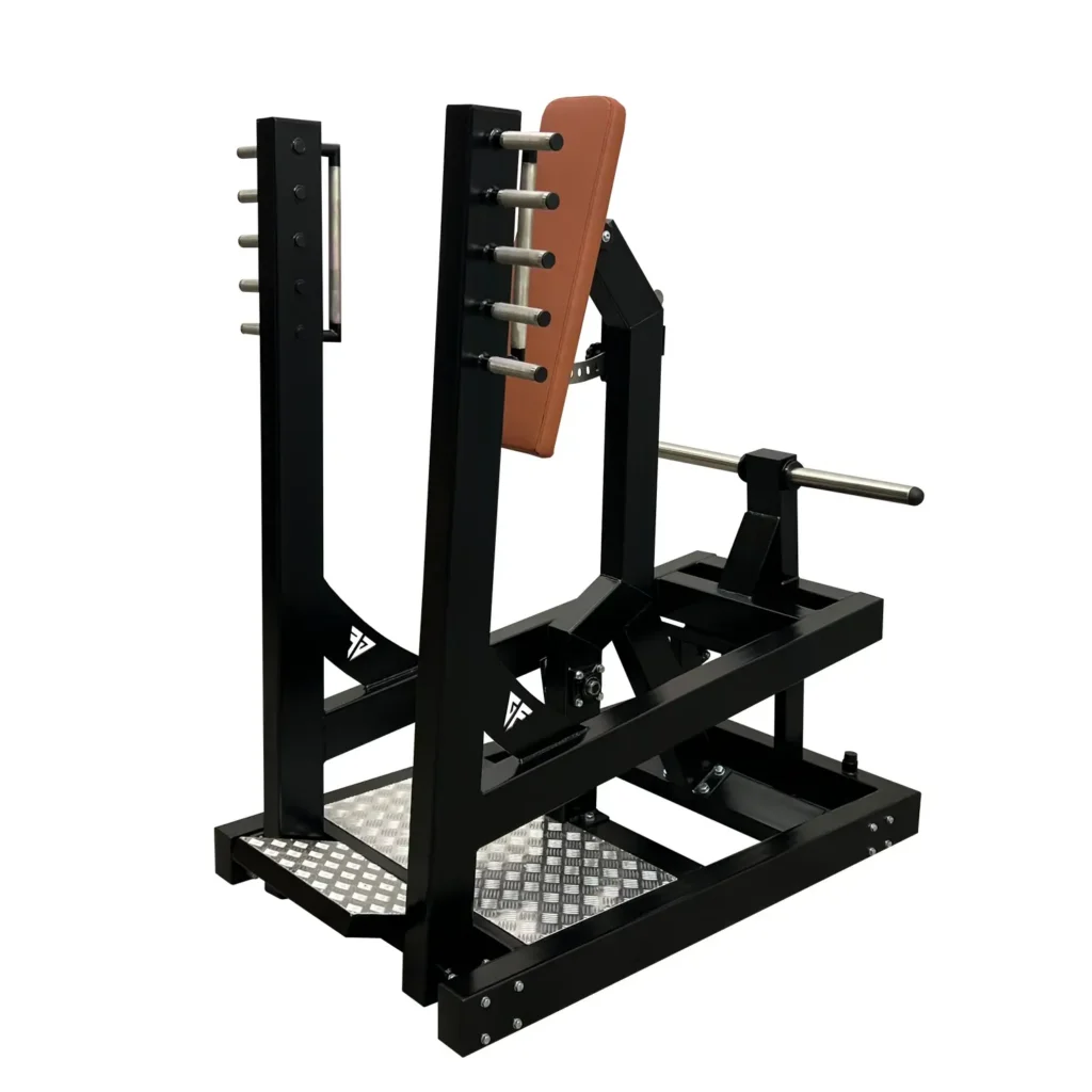 This A6 gym machine is for standing chest workouts, featuring a robust design with a padded backrest, adjustable weight pegs, and a stable base. This gym machine is for upper body strength training.