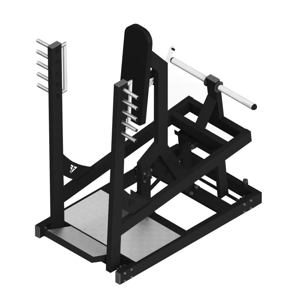 This A6 gym machine is for standing chest workouts, featuring a robust design with a padded backrest, adjustable weight pegs, and a stable base. This gym machine is for upper body strength training.