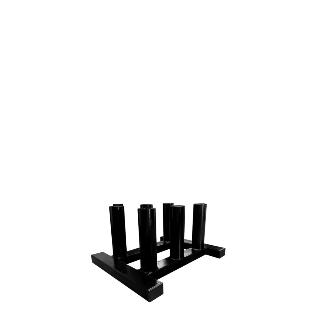 A black barbell rack is made of sturdy steel featuring six vertical cylindrical holders designed for organizing and storing barbells efficiently, ideal for strength training exercise equipment setups.