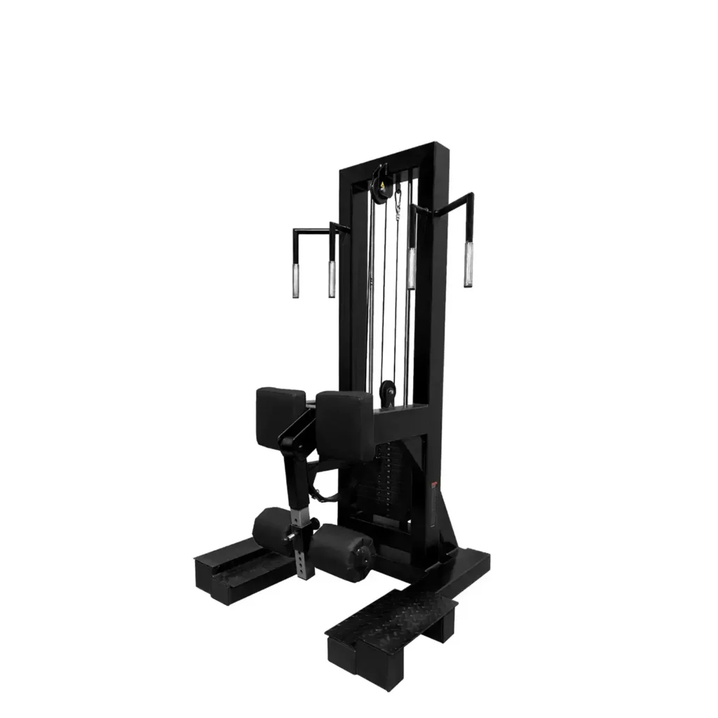 Side view of a red gym machine used for leg curls, showcasing its ergonomic design with padded supports, weight stack system, and durable frame. A must-have strength training machine for an effective leg workout in a commercial gym setting.