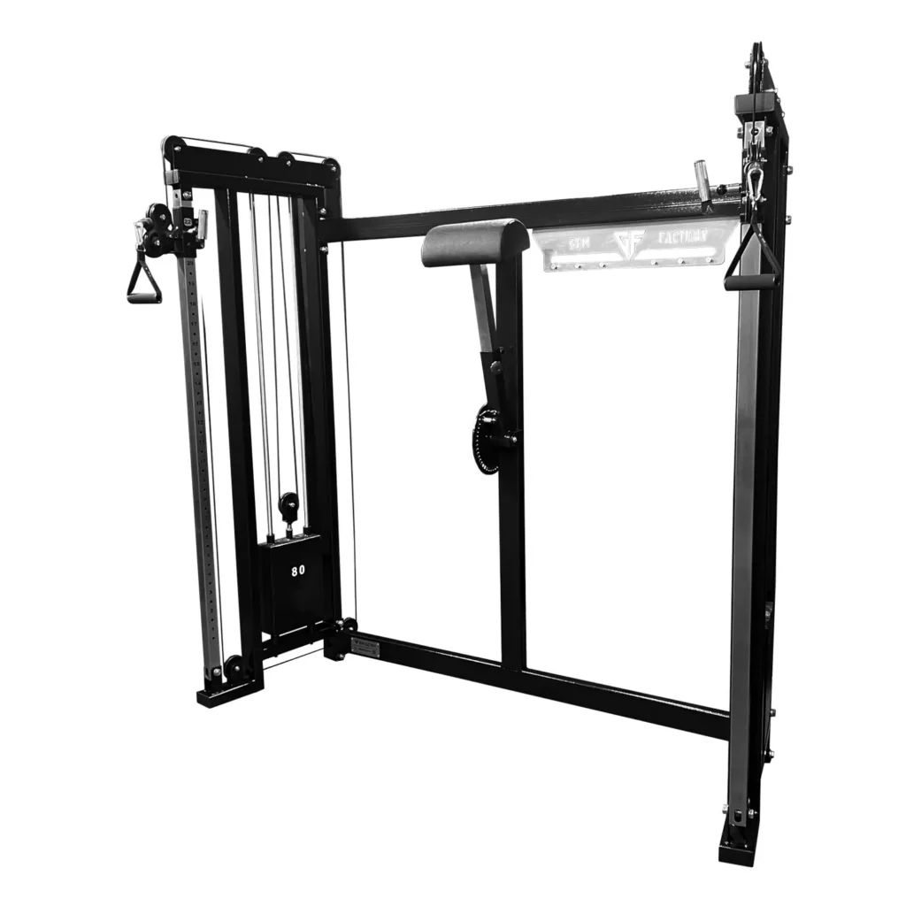 A front-facing view of a gym machine with an integrated lat pulldown bar. This fitness equipment offers a comprehensive upper-body workout with weight stacks on both sides for adjustable resistance. A professional-grade gym machine designed for versatile strength training. 