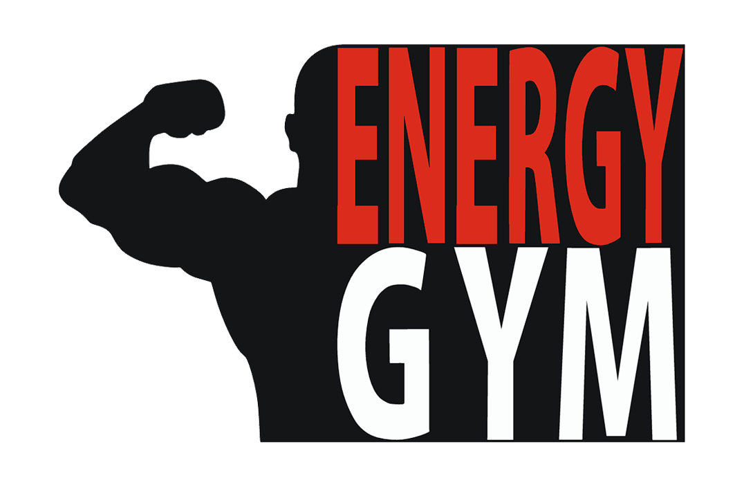 Energy Gym logo featuring a black silhouette of a flexing athlete with bold red and white typography. A fitness brand representing strength and endurance. One of Gym Factory customer.
