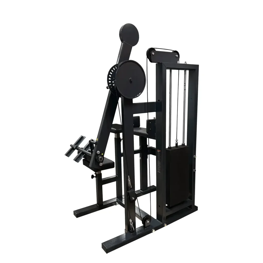 Side view of a gym machine with a black metal frame, adjustable padded seat, and foot platform. The pulley system connects to a weight stack, allowing users to control resistance for lower body strengthening.