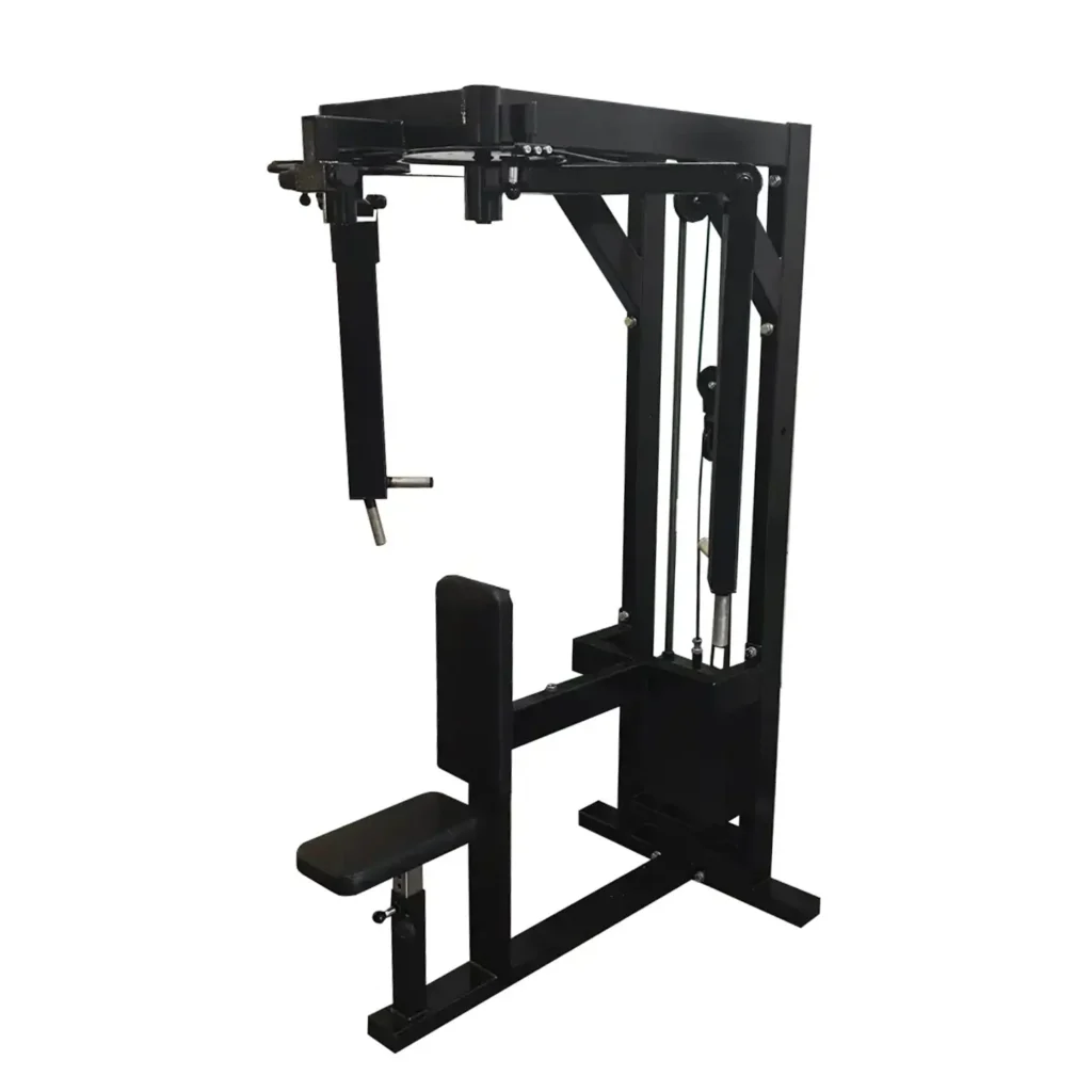 A close-up of a Gym Machine focusing on its adjustable seat. The padded seat and backrest are in black upholstery, with a metal adjustment knob below for height modification. The sturdy construction ensures user stability during pec fly and rear delt exercises.