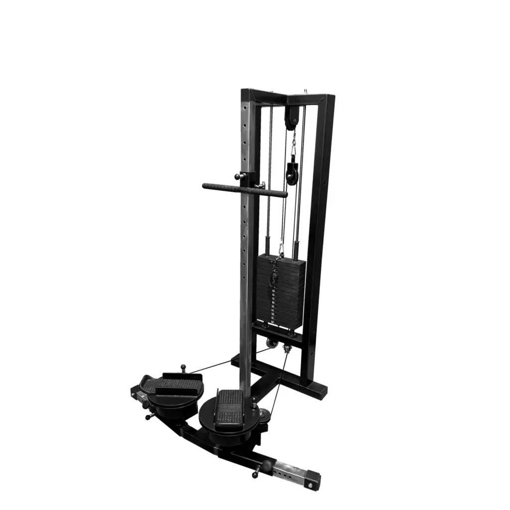 A full-view shot of a kinesiotherapy gym machine featuring a robust red steel frame, adjustable resistance weights, and a cable-driven system. This rehabilitation equipment is used for physiotherapy exercises, enhancing mobility and muscle coordination through controlled lower-body movement training.