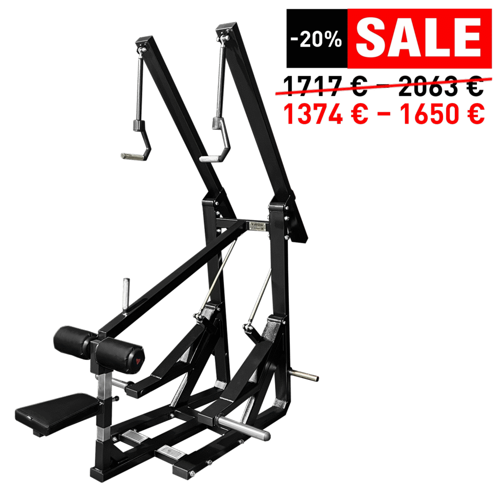 Side view of a professional lat pulldown machine for upper body strength training. The black steel frame is built for durability, featuring an adjustable seat with padded support for comfort. The dual cable pulleys provide smooth movement, while the plate-loaded weight system allows for customizable resistance. This gym machine targets back and shoulder muscles with controlled and effective workouts.