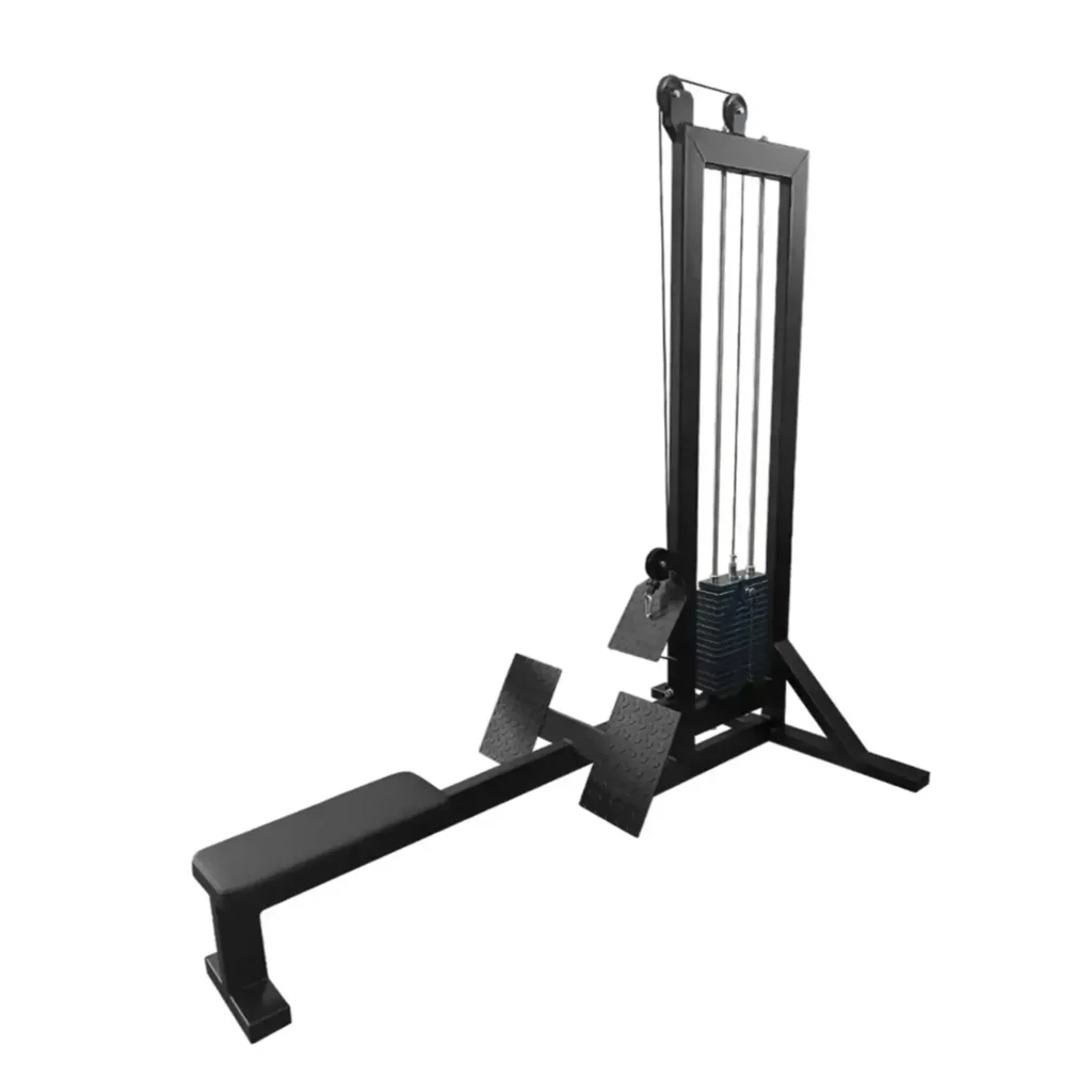 A standalone view of a low row gym machine highlighting its sturdy black frame, high pulley system, weight stack, and ergonomic footrests. This gym machine is designed for targeted back workouts and provides smooth cable resistance, making it a staple in commercial and home gyms.