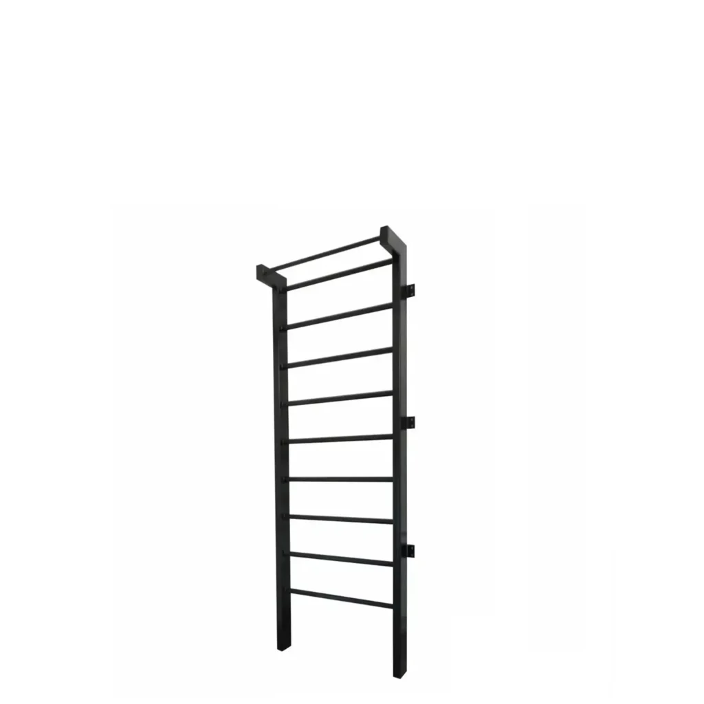 A black wall-mounted stall bar used as strength training exercise equipment, featuring nine horizontal bars evenly spaced for bodyweight exercises, stretching, and core workouts, supported by two sturdy vertical side frames.