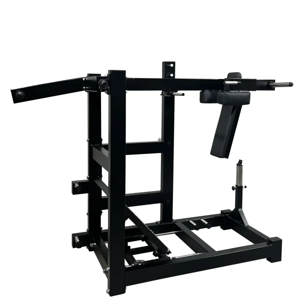 A high-quality pendulum squat gym machine featuring a sturdy white and red steel frame. The gym machine is designed with a counterweight system, allowing for controlled movement and optimized resistance training. The ergonomic padding ensures comfort during workouts, while the robust structure guarantees stability for heavy lifting sessions. Perfect for gyms and fitness centers looking to offer advanced lower-body training equipment.