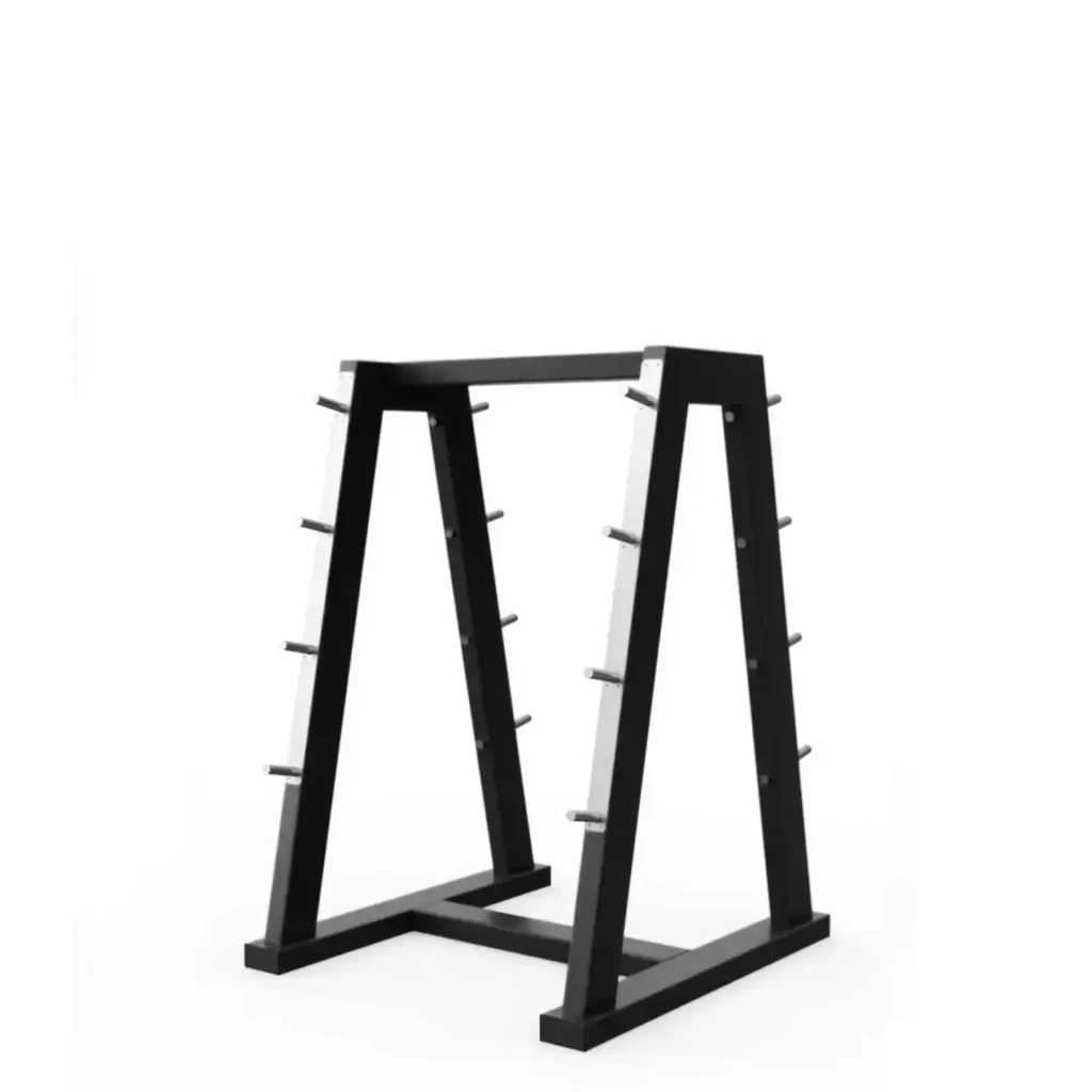 A sturdy red and white power rack with an angled A-frame design featuring multiple pegs on each side for weight plate storage. This best squat rack is designed for efficient weight organization and is ideal for gyms and home fitness setups.