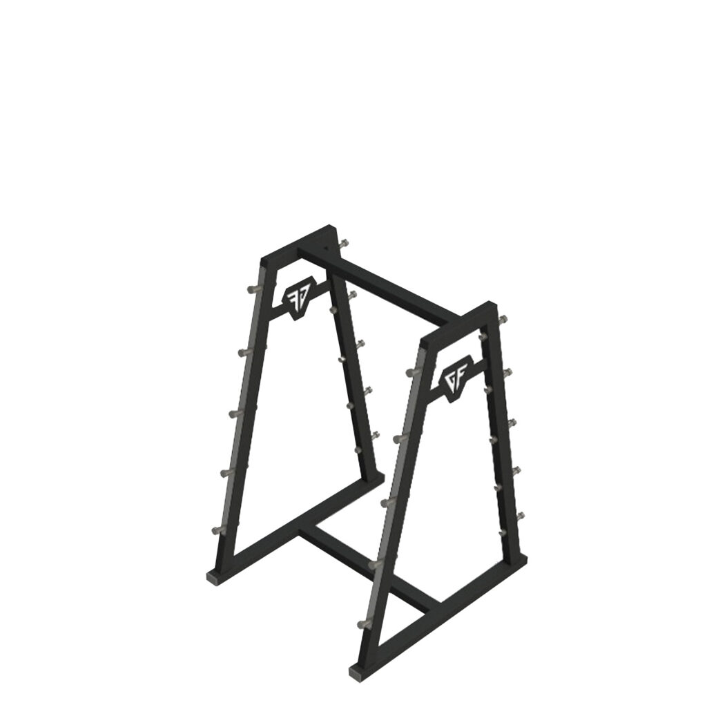 A sturdy black and white power rack with an angled A-frame design featuring multiple pegs on each side for weight plate storage. This best squat rack is designed for efficient weight organization and is ideal for gyms and home fitness setups.
