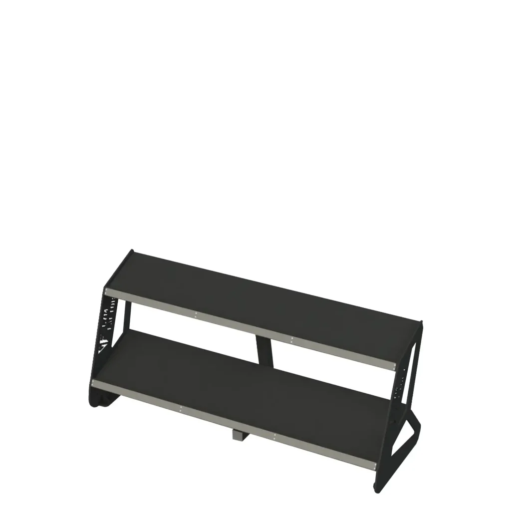 A black two-tier dumbbell rack with a diamond plate steel surface, shown from an angled perspective, is designed for safely storing multiple dumbbells, making it a reliable piece of strength training exercise equipment.