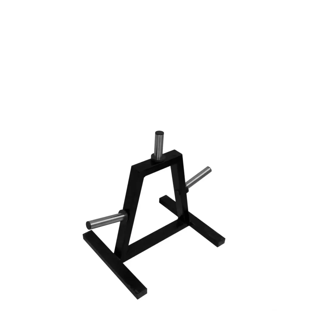 A black A-frame plate rack designed for strength training exercise equipment, featuring three chrome-plated weight storage pegs – one at the top and two on either side – supported by a sturdy rectangular base with rubber foot caps for stability.
