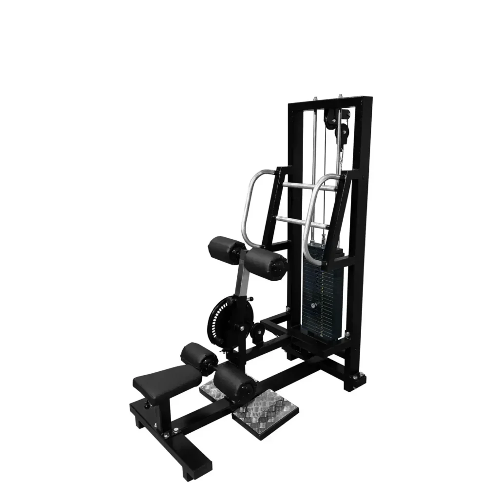 Full view of a blue gym machine for glute training, equipped with adjustable padded supports, a weight stack system, and sturdy handles. It is ideal for strength training exercises and lower-body workouts.