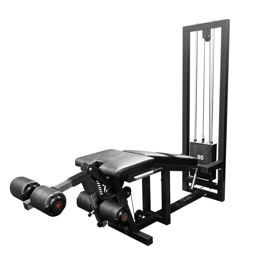 A versatile gym machine with an adjustable seat and padded rollers for maximum comfort and efficiency. This strength-training equipment features a weight stack system, allowing users to customize resistance levels for effective leg workouts. Built for durability and performance, it's perfect for strengthening quadriceps and hamstrings in a professional gym.