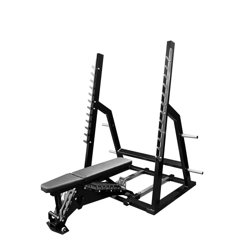 A close-up of a bench press rack showcasing the solid steel barbell supports and weight storage pegs. This gym equipment for chest ensures safety and stability during heavy weightlifting sessions.