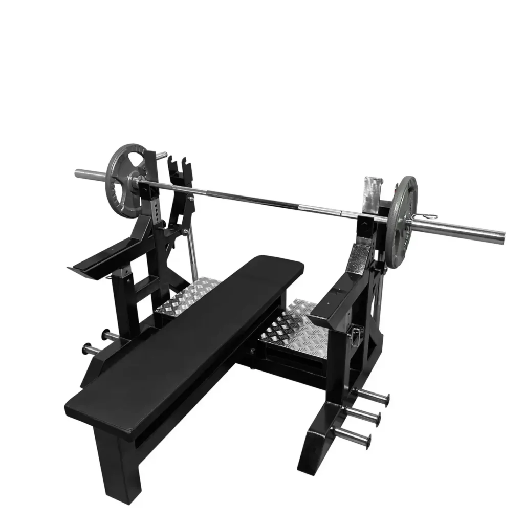 A robust bench press gym equipment for chest workouts features a red steel frame, a black cushioned bench, and an Olympic barbell loaded with weight plates. The setup includes adjustable safety arms and foot platforms for optimal training.
