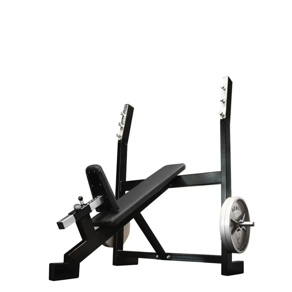 View of an incline bench press built with a strong steel frame, adjustable seat, and foot placement for added support. This gym equipment for chest is perfect for improving upper body strength and muscle growth.