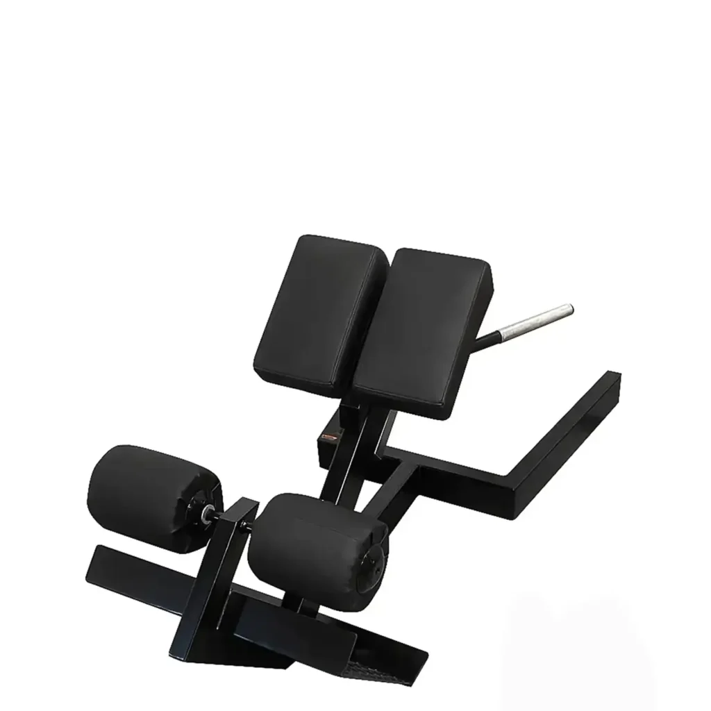 A black hyperextension workout bench, strength training equipment at home features cushioned support pads, adjustable leg rollers, and a sturdy steel frame for back and core exercises.