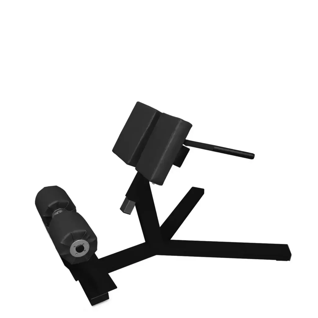 A black hyperextension workout bench, strength training equipment at home features cushioned support pads, an angled frame, and adjustable leg rollers for lower back exercises.