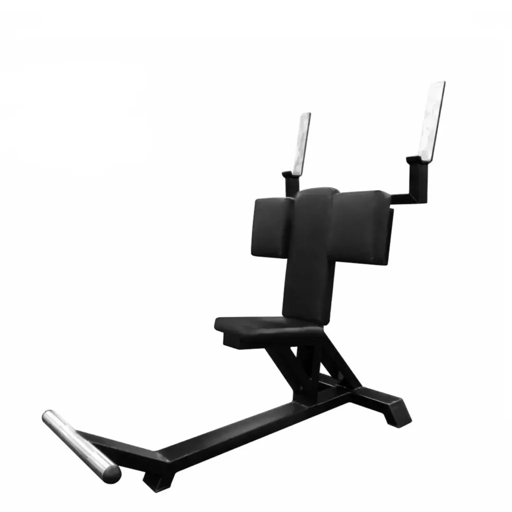 A black squat bench with cushioned back and side pads, a strength training equipment at home, designed for comfortably seated weight training with a sturdy frame and foot support bar.