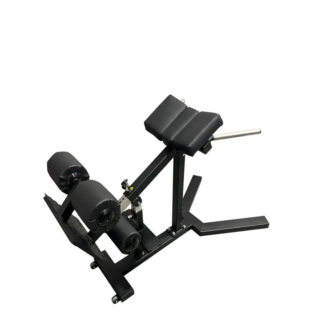 Strength training equipment at home with an adjustable hyperextension bench, dual foot rollers, and ergonomic padding for optimal comfort and support.
